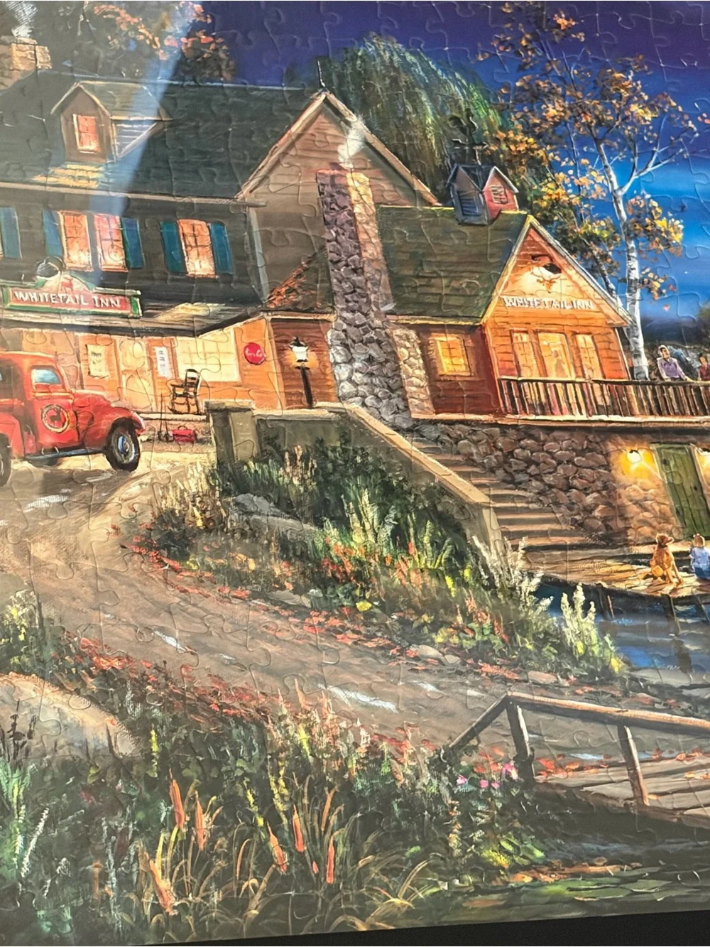 Framed Lakeside Cottage Wall Art - Night Scene